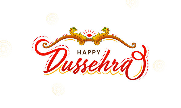 Happy Dussehra Font With Bow Arrow Illustration On White Background.