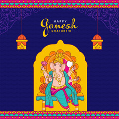 Happy Ganesh Chaturthi Concept With Lord Ganesha Sculpture On Blue Background.