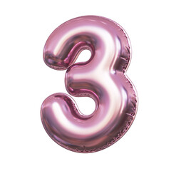 Pink metallic balloon font 3d rendering, number 3