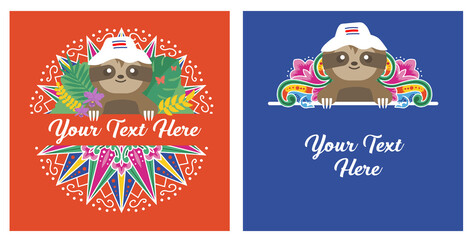 VECTOR BANNERS. Cute Sloths (osos peresozos) wearing a chonete hat with Costa Rica traditional Ox cart designs. Costa Rica National Symbol, text holder, lettering, name tag, divider, decoration