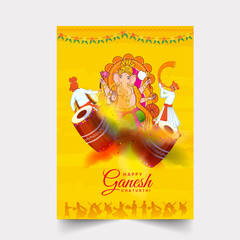 Happy Ganesh Chaturthi Flyer Design With Lord Ganesha Statue, Maharashtrian Men Playing Music Instrument On Yellow Background.