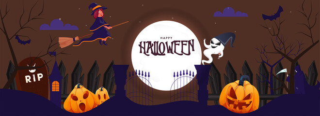 Happy Halloween Celebration Background With Full Moon, Scary Pumpkins, Ghost, Witch Flying On Broom And Cemetery View. Banner Or Header Design.