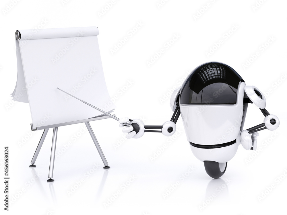 Poster small robot pointing on the presentation board 3d rendering