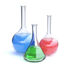 Laboratory glassware filed with green liquid over the white background 3d rendering