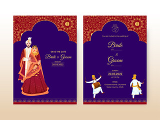 Floral Wedding Invitation Card With Indian Bridegroom Character In Front And Back View.