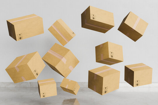 cardboard packages floating in a room