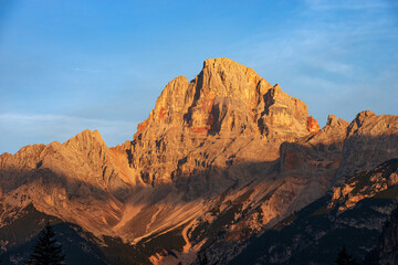 Mountain Peak of Croda Rossa D'Ampezzo or Hohe Gaisl (3146 m.) at sunrise, Dolomites, UNESCO world...