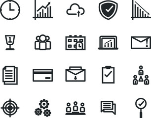 20 Business thin line icon. Vector outline design symbols Icons for web Vector Line. Editable Stroke. Elements technology Graphic.Mobile App Design, Infographics management, finance, strategy, market