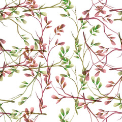 Isolated lace thin twigs of plants and flowers seamless collage pattern on a white background