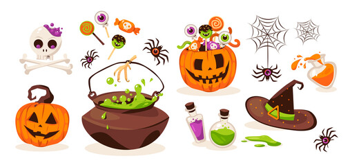 A set of Halloween elements: pumpkins, candy, potion vat, potion, spiders, spider web, witch hat, skull, bones. Suitable for scrapbooking, greeting card, party invitation, poster, tag, sticker set.