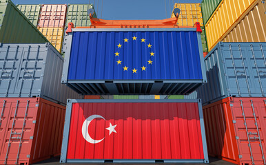 Freight containers with European Union and Turkey national flags. 3D Rendering 