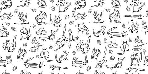 Funny Chimpank family with nuts. Ground Squirrel. Seamless Pattern for your design