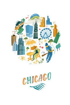 Chicago card with landmarks icons set. Traditional symbols, people and buildings full color vector illustration.
