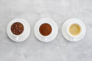 Three states of coffee - beans, ground and liquid