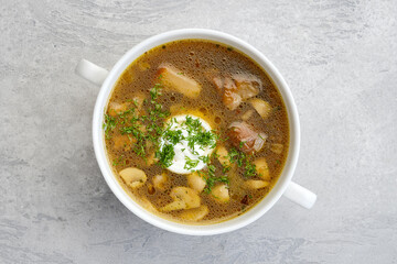 Overhead view of mushrooms and potato soup