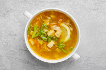 Top view of vegetable and fish soup