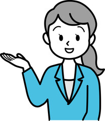 イラスト素材：スーツの女性が商品や人や物事の説明をする様子　上半身　単色　線画
