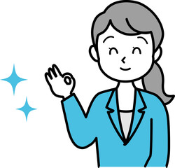 イラスト素材：スーツの女性がオッケーサインを表現する様子　上半身　単色　線画
