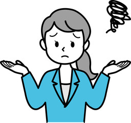 イラスト素材：スーツの女性が困った表情でお手上げ状態を表現する様子　上半身　単色　線画
