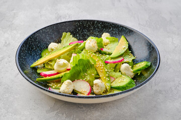 Salad with lettuce, avocado, radish and mozzarella