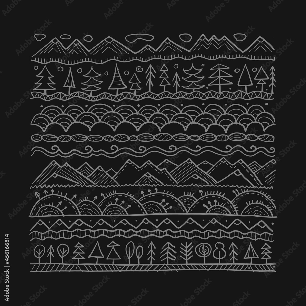 Poster abstract nature pattern frame for your design. forest and mountain icons. ethnic style