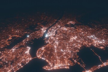 New York City aerial view at night. Top view on modern city with street lights