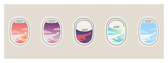 View from porthole. Set of airplane windows with open and closed curtains. Night, day, sunset and dawn skies are overboard. Airplane wing view. Flat vector illustration.