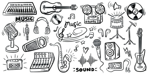 Set of hand drawn sketches doodles of musical culture on white background