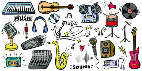 Set of colored hand drawn sketches of doodles of musical culture on white background