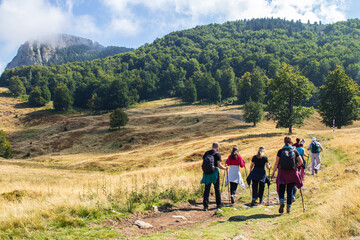 group of hikers in the mountains. landscape with blue sky and one mountain. Romania, Maramures, the...