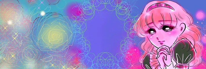 70年代少女漫画真剣に祈る金髪縦ロールお嬢様と薔薇の背景