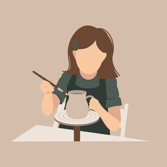 Potter girl. Behind a potter's wheel, a child sculpts and paints an earthen vase. Pottery training. Vector illustration. The artist creates ceramics.