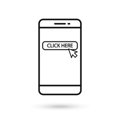 Mobile phone flat design icon with click here sign.