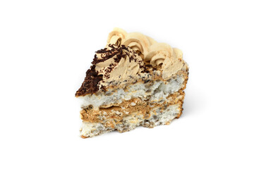 Slice of nut chocolate cake isolated over white background.