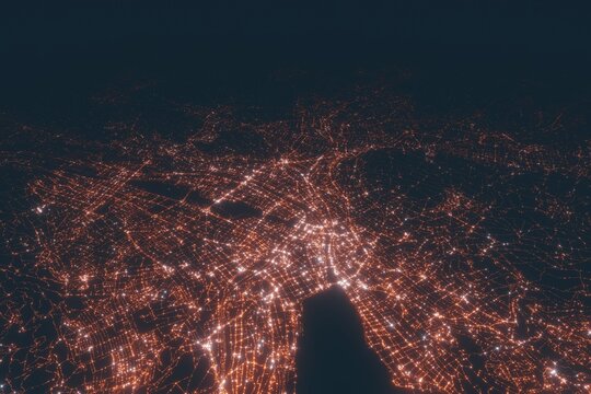 Zurich aerial view at night. Top view on modern city with street lights