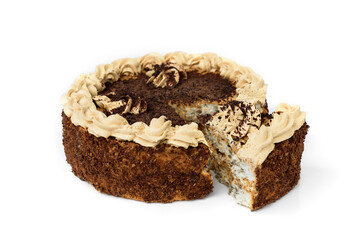 Nut chocolate cake isolated over white background.