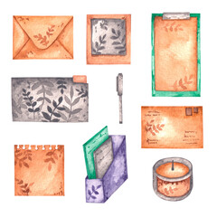 Watercolor office object envelopes, folders, books, photos and a candle on a white background