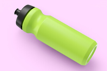 Green plastic sport shaker for protein drink isolated on pink background.