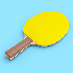 Yellow ping pong racket for table tennis isolated on blue background
