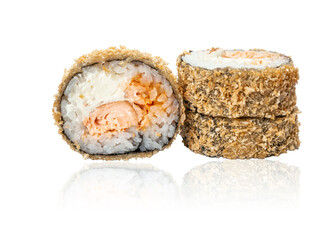 Close-up hot fried Sushi Roll with fried salmon isolated on white background with reflection. Sushi menu. Japanese food.