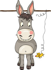 Cute gray donkey looking at a little yellow mouse
