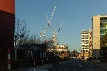 Tower cranes on town street.