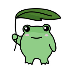 The frog is holding a leaf. Frog sticker. Hiding from the rain. Vector illustration.