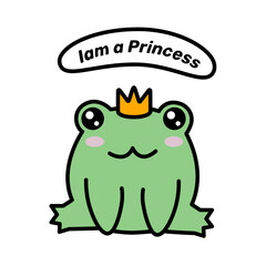 Frog princess sticker. The frog princess is sitting. Cute sticker. Vector illustration.