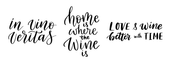 Wine vector quote set. Positive funny sayings for poster in cafe and bar, t shirt design. Kitchen funny typography poster set about love for wine. Vector illustration isolated on white background.