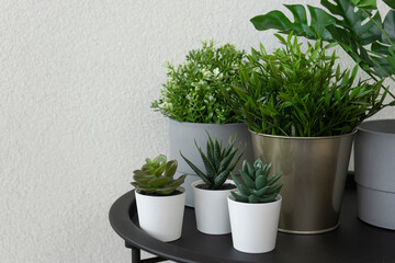 A green artificial potted plant standing on a black table