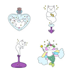 Collection of magic kitties. Illustrations of funny white cats: genie cats, fairy cat and cat sitting in a magic bottle. Vector 10 EPS.