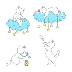 Obraz na płótnie Canvas Collection of magic kitties. Illustrations of cute cats catching a stars, sitting on clouds and putting stars in the sky. Vector 10 EPS. 