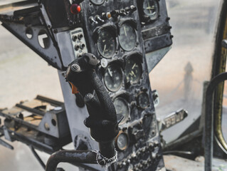 Damaged old war military helicopter control panel.