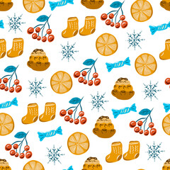 Seamless pattern with pine cones and snowflakes and socks.